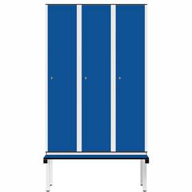 Garderobenschrank aus HPL für Nassbereiche, 3 x 400 mm, mit Bank, Drehriegel, Türfarbe Blau