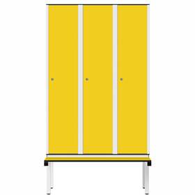 Garderobenschrank aus HPL für Nassbereiche, 3 x 400 mm, mit Bank, Drehriegel, Türfarbe Gelb