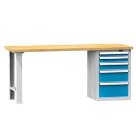 Banc de atelier KOMBI, lxLxH: 1500x700x880, 1 modul dulap atașabil sub banc, 5 sertare, gri RAL7035/ albastru RAL5012