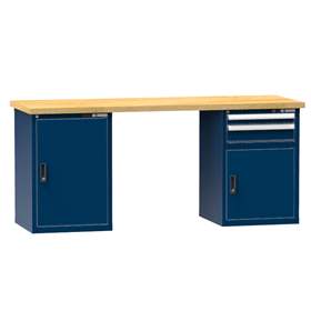 Banc de atelier KOMBI, lxLxH: 2000x800x880, 2 module dulap atașabile sub banc, 2 sertare, albastru închis RAL5010