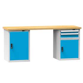 Banc de atelier KOMBI, lxLxH: 2000x800x880, 2 module dulap atașabile sub banc, 2 sertare, gri RAL7035/albastru RAL5012