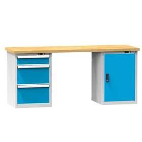Banc de atelier KOMBI, lxLxH: 2000x800x880, 2 module dulap atașabile sub banc, 3 sertare, gri RAL7035/albastru RAL5012