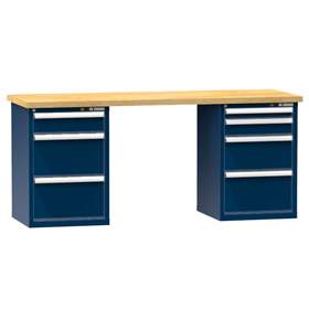 Banc de atelier KOMBI, lxLxH: 2000x800x880, 2 module dulap atașabile sub banc, 7 sertare, albastru închis RAL5010