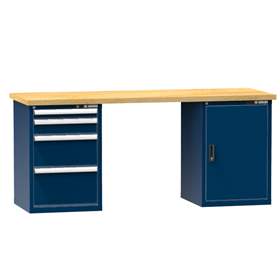 Banc de atelier KOMBI, lxLxH: 2000x800x880, 2 module dulap atașabile sub banc, 4 sertare, albastru închis RAL5010
