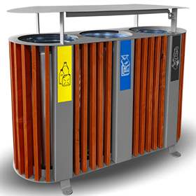 Coș colector selectiv de deșeuri cu șipci de lemn în nuanță aurie de mahon, cu capac, volum 3 x 50 l, înălțime 940 mm