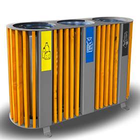 Coș colector selectiv de deșeuri cu șipci de lemn în nuanță aurie de pin, volum 3 x 50 l, înălțime 800 mm