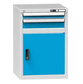Dílenská skříňka KOMBI, v x š x h: 840 x 578 x 630 mm, 1 x dvířka, 2 x zásuvka, barva šedá RAL7035/modrá RAL5012