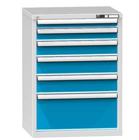 Schubladenschrank für Werkstatt, HxBxT: 990 x 731 x 630 mm, 6 x Schubladen, Farbe grau RAL7035/blau RAL5012