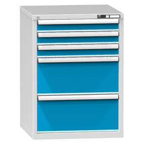 Schubladenschrank für Werkstatt, HxBxT: 990 x 731 x 780 mm, 5 x Schubladen, Farbe grau RAL7035/blau RAL5012