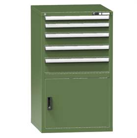 Zásuvková dielenská skriňa, v x š x h: 1215 x 731 x 780 mm, 5 x zásuvka, 1 x skrinka, farba zelená RAL6011