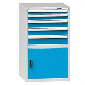 Zásuvková dielenská skriňa, v x š x h: 1215 x 731 x 780 mm, 5 x zásuvka, 1 x skrinka, farba šedá RAL7035/modrá RAL5012