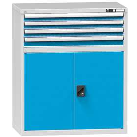 Zásuvková dílenská skříňka, v x š x h: 1215 x 1037 x 630 mm, 5 x zásuvka, 1 x skříňka, barva šedá RAL7035/modrá RAL5012