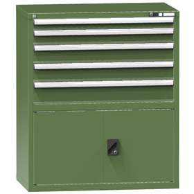 Zásuvková dílenská skříňka, v x š x h: 1215 x 1037 x 630 mm, 5 x zásuvka, 1x skříňka, barva zelená RAL6011