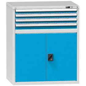 Zásuvková dílenská skříňka, v x š x h: 1215 x 1037 x 780 mm, 4 x zásuvka, 1 x skříňka, barva šedá RAL7035/modrá RAL5012
