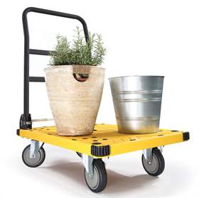 Cărucior tip platformă din plastic, mâner pliabil, platformă de încărcare lung.x adânc.: 810x485 mm, culoare galbenă/neagră