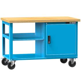 Banc mobil de atelier 1200 x 700 mm, mobilă, cap. port. 400 kg, 2 polițe, 1 x dulap cu uși, albastru RAL5012