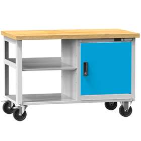 Banc mobil de atelier 1200 x 700 mm, mobilă, cap. port. 400 kg, 2 polițe, 1 x dulap cu uși, gri deschisRAL7035/albastru RAL5012