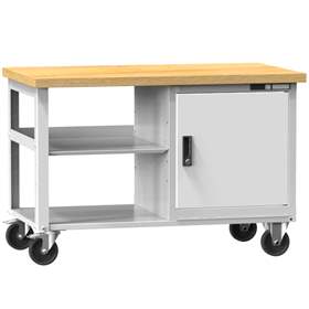 Banc de atelier 1200 x 700 mm, mobilă, cap. port. 400 kg, 2 polițe, 1 x dulap cu uși, gri deschis RAL7035