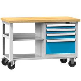 Banc mobil de atelier 1200 x 700 mm, mobilă, capacitate portantă 380 kg, 1 polițe, 3 sertare, gri RAL7035/albastru RAL5012