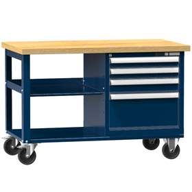 Banc de atelier 1200 x 700 mm, mobilă, capacitate portantă 380 kg, 1 polițe, 4 sertare, albastru închis RAL5010