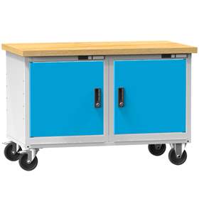 Banc mobil de atelier 1200 x 700 mm, mobilă, capacitate portantă 380 kg, 2 polițe, 2 x dulap cu uși, gri RAL7035/albastru RAL5012