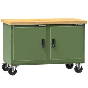 Banc mobil de atelier 1200 x 700 mm, mobilă, capacitate portantă 380 kg, 2 polițe, 2 x dulap cu uși, verde RAL6011