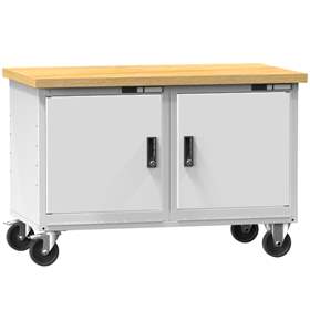 Banc de atelier 1200 x 700 mm, mobilă, capacitate portantă 380 kg, 2 polițe, 2 x dulap cu uși, gri RAL7035