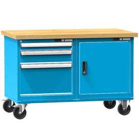 Banc mobil de atelier 1200 x 700 mm, mobilă, capacitate portantă 380 kg, 1 x dulap cu uși, 3 sertare, albastru RAL5012
