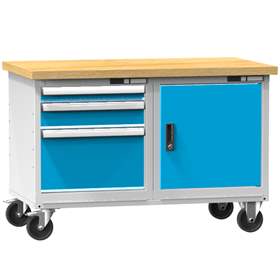 Banc mobil de atelier 1200 x 700 mm, mobilă, capacitate portantă 380 kg, 1x dulap cu uși, 3 sertare, gri RAL7035/albastru RAL5012