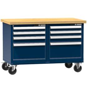 Banc de atelier 1200 x 700 mm, mobilă, capacitate portantă 340 kg, 8 sertare, albastru închis RAL5010