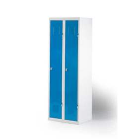 Dulap metalic de vestiar, 2 uși, 2 x 300 mm, livrabil demontat, corp gri RAL7035, uși albastre RAL5005, zăvor rotativ