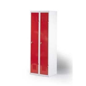 Dulap metalic de vestiar, 2 uși, 2 x 300 mm, livrabil demontat, corp gri RAL7035, uși roșii RAL3000, încuietoare cilindrică