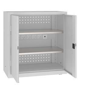 Werkstattschrankmit Ladefunktion für Elektrowerkzeuge, 2 Fachböden, HxBxT: 1040x1000x500 mm, Farbe grau RAL7035