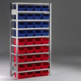 Steckregal CLIP mit Boxen, 9 Fachböden, 36 Stk. Boxen 10 l, Grund-Element
