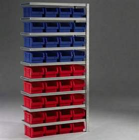 Steckregal CLIP mit Boxen, 9 Fachböden, 36 Stk. Boxen 10 l, Anbau-Element