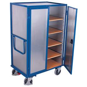 Wózek skrzyniowy VARIOfit z drzwiami i półkami, ścianki pełne, pięć półek, 1245 x 785 mm, nośność 500 kg