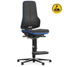 Antistatischer Arbeitsstuhl ESD NEON mit Bodengleitern und Fußstütze, Skintec-Bezug, schwarz/blau