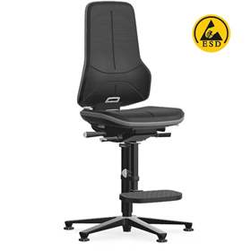 Antistatischer Arbeitsstuhl ESD NEON mit Bodengleitern und Fußstütze, Skintec-Bezug, schwarz/grau