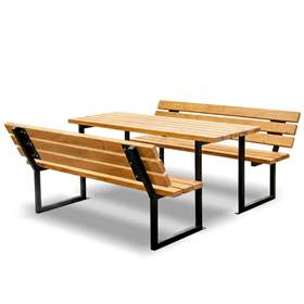 Sestava stolu a lavic Oslo, černá ocelová konstrukce, dřevo odstín teak, 1700x2100 mm