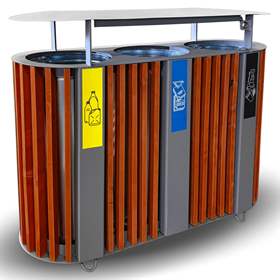 Coș colector selectiv de deșeuri cu șipci de lemn în nuanță aurie de mahon, cu capac, volum 3 x 50 l, înălțime 940 mm