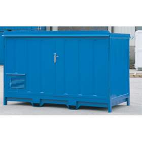 Fassregal mit Auffangwanne, geschlossen, für liegende Fässer, H x B x T: 1900x2900x1200 mm.