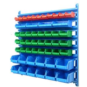 Wandregal inkl. Sichtlagerboxen TechBox, blaue Konstruktion, B x H: 935x1000 mm, Anzahl Boxen: 51 Stk.