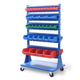 Regal mit Sichtlagerkästen TechBox, blaues Gestell, Breite x Höhe: 940x1540 mm, zweiseitig, fahrbar, Anzahl Kästen: 66 Stk.