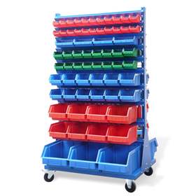 Regal mit Sichtlagerkaesten TechBox, blaues Gestell, Breite x Hoehe.: 940x1540 mm, zweiseitig, fahrbar, Anzahl Kästen 130 Stk