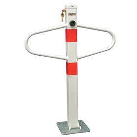 Dispozitiv rabatabil blocare acces loc parcare - îngrădire parcare tip stâlp, din oțel, alb - bandă roșie, încuietoare cilindrică