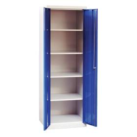 Putzmittelschrank, Stahlkonstruktion, HxBxT: 1800x600x500 mm, 4 Fachböden, Lichtgrau RAL7035 / Blau RAL5012