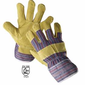 Mănuși combinate piele/bumbac, culoare galben-albastru, mărime 9", pachet 12 buc.