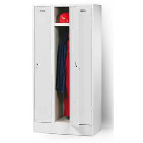 Garderobenschrank, geschweißt, 3 x 300 mm, Türfarbe grau RAL7035, mit Sockel