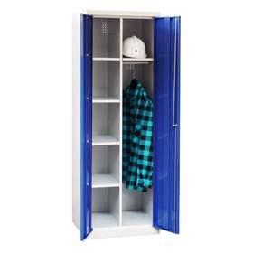Putzmittelschrank, Stahlkonstruktion, HxBxT: 1800x600x500 mm, 5 Fachböden und Kleiderstange, Lichtgrau RAL7035 / Blau RAL5012