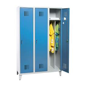 Garderobenschrank WEMO, geschweißt, 3 x 400 mm, Türfarbe Blau RAL5012, mit Füßen, Drehriegelverschluss mit Dreipunktverriegelung